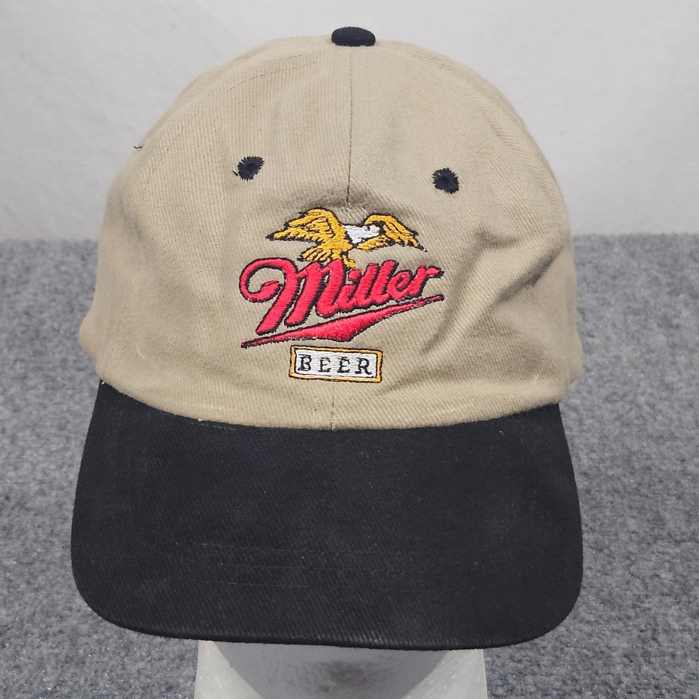 Vintage Miller Beer Hat Small Tan Black Strapback 90s Brewery Americana Heritage